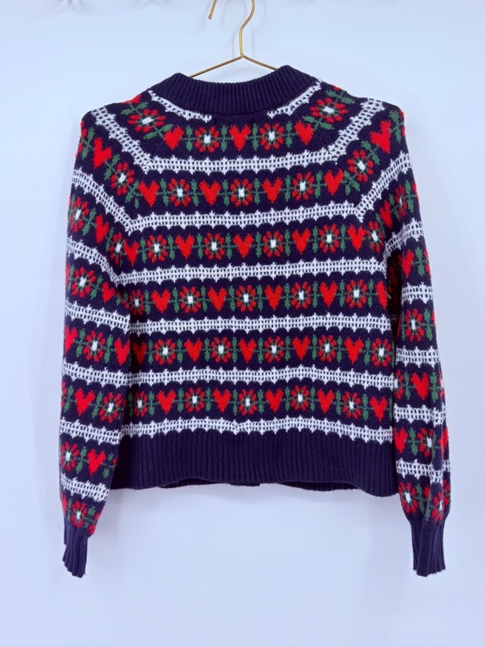 Old Navy Heart Print Cardigan XS Cozy Knit Holiday Sweater Navy Red Fair Isle - Picture 4 of 5